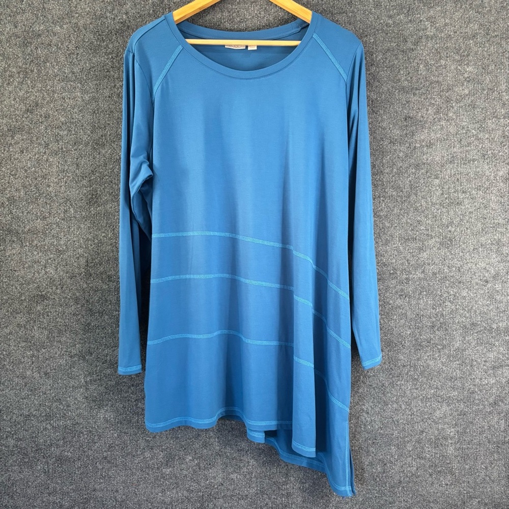 LOGO Lori Goldstein Womens Asymmetrical Top Size 1X Blue Long Sleeve Pockets